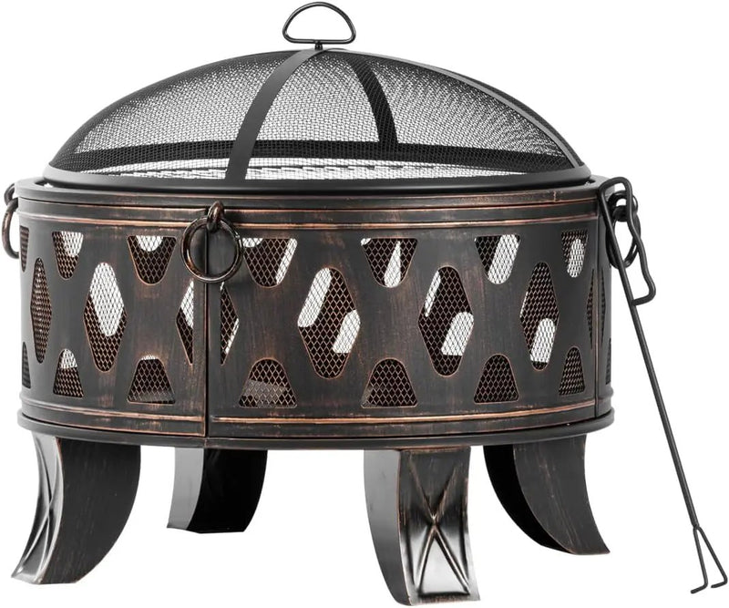 Breezz 26 Inch Wood Burning Fire Pit with Cooking Grill and Spark Screen, Outdoor Metal Round Firepit for Patio, Backyard, Bonfire Party, Camping and Garden by GreenHaven Gardens