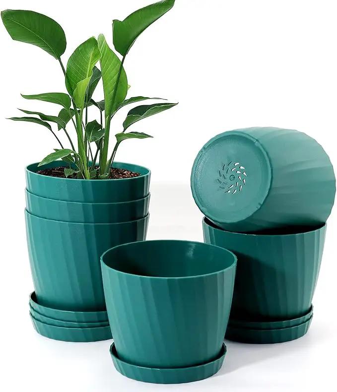 6 Inch Plant Pots Bulk, 6 Pack Plastic Planters with Drainage Holes and Saucers for Indoor Outdoor House Plants and Flowers, Green by GreenHaven Gardens