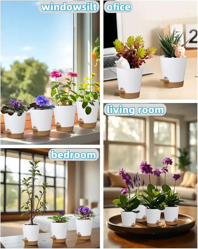 12 Pack 4 Inch Self Watering Plant Pots with Drainage and Saucers，Plastic Flower Pots for Indoor and Outdoor Plants, Nursery Planters for Houseplants and Herbs White Brown, 4 inch 12pcs by GreenHaven Gardens