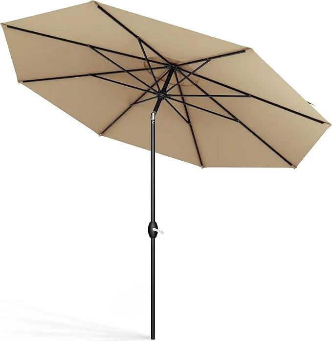 Midtown Umbrellas Sunbrella Umbrella 9 Feet Outdoor Umbrella With Heather Tan Acrylic Fabric - Auto-Tilt Aluminum Frame Patio Umbrella For Backyard, Deck, Garden, Pool - Black Pole by GreenHaven Gardens