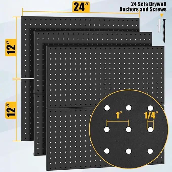 6 Pcs Metal Pegboard Panels, Heavy Duty Peg Boards for Garage and Garden Tool Storage, Includes Drywall Anchors and Screws Kits, Black by GreenHaven Gardens