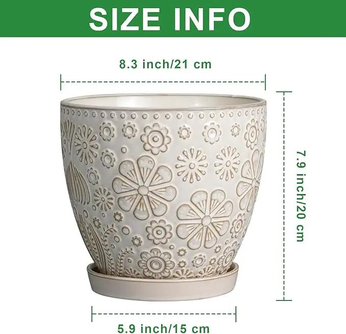 Ceramic Planter 8 Inch Plant Pot with Drainage Hole and Saucer Ceramic Pots for Indoor Plants Outdoor Large Flower Pot for Home Decor White by GreenHaven Gardens