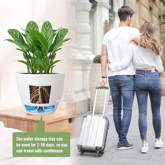 10/9/8 inch Self Watering Pots, Set of 3 Plastic Planters with Mesh Drainage Holes and Deep Reservoir for Indoor Outdoor Garden Plants and Flowers, White by GreenHaven Gardens