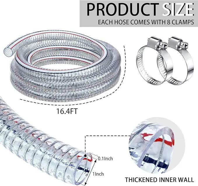 Frienda Heavy Duty Steel Wire Flexible Tubing with Fasteners PVC High Pressure Drain Hose Tube Pond Tubing Clear Wire Reinforced for Pond Bilge Pump Vacuum Suction Hose(16.4 Ft, 1 Inch Id) by GreenHaven Gardens