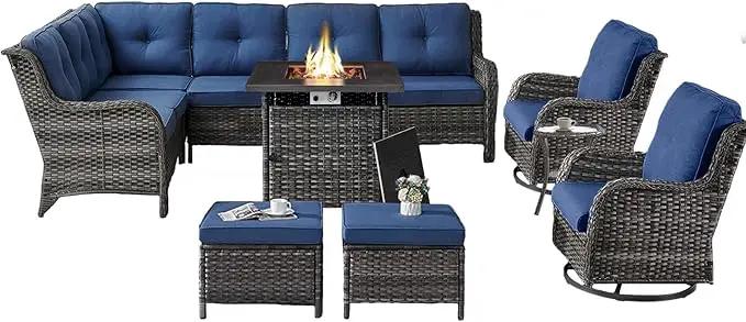 Outdoor Sectional Furniture Sofa Set with Propane Fire Pit Table, Wicker Patio Conversation Set with 2 Swivel Rocker Glider Chairs Blue Cushion Perfect for Backyard Casual Gathering by GreenHaven Gardens