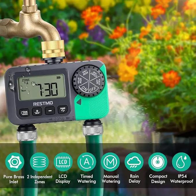 RESTMO Water Timer for Garden Hose, Sprinkler Timer with Brass Inlet, Automatic Digital Control | Manual ON/Off | Rain Delay, for Outdoor Faucet, Drip Irrigation and Lawn, 2 Outlet by GreenHaven Gardens