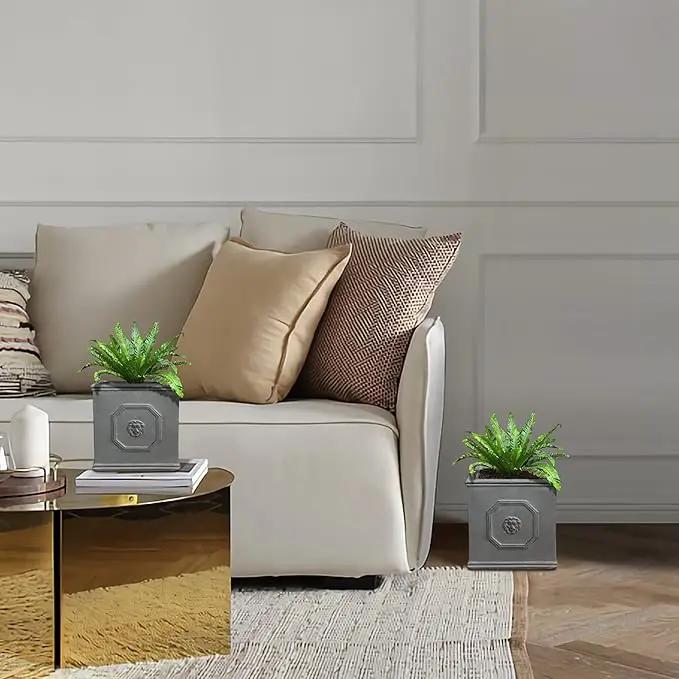 Kante Square Lion Head Concrete Planter Set of 2, Classic English Style Plant Pot with Drainage Hole and Rubber Plug for Indoor Outdoor, 10.2"x10.2"x10.2" and 12.6"x12.6"x12.6" Antique Gray by GreenHaven Gardens