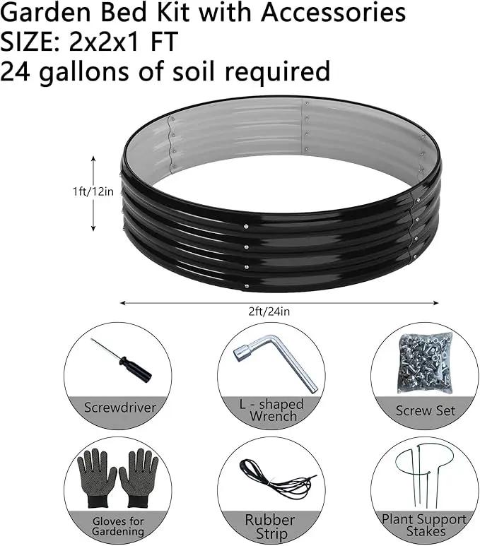 Galvanized Metal Planter Round Raised Garden Bed Kit for Gardening Outdoor，2x2x1ft Grow Garden Box Raised Flower Bed，Round Galvanized Planter Outdoor Metal Fire Pit Ring Black by GreenHaven Gardens