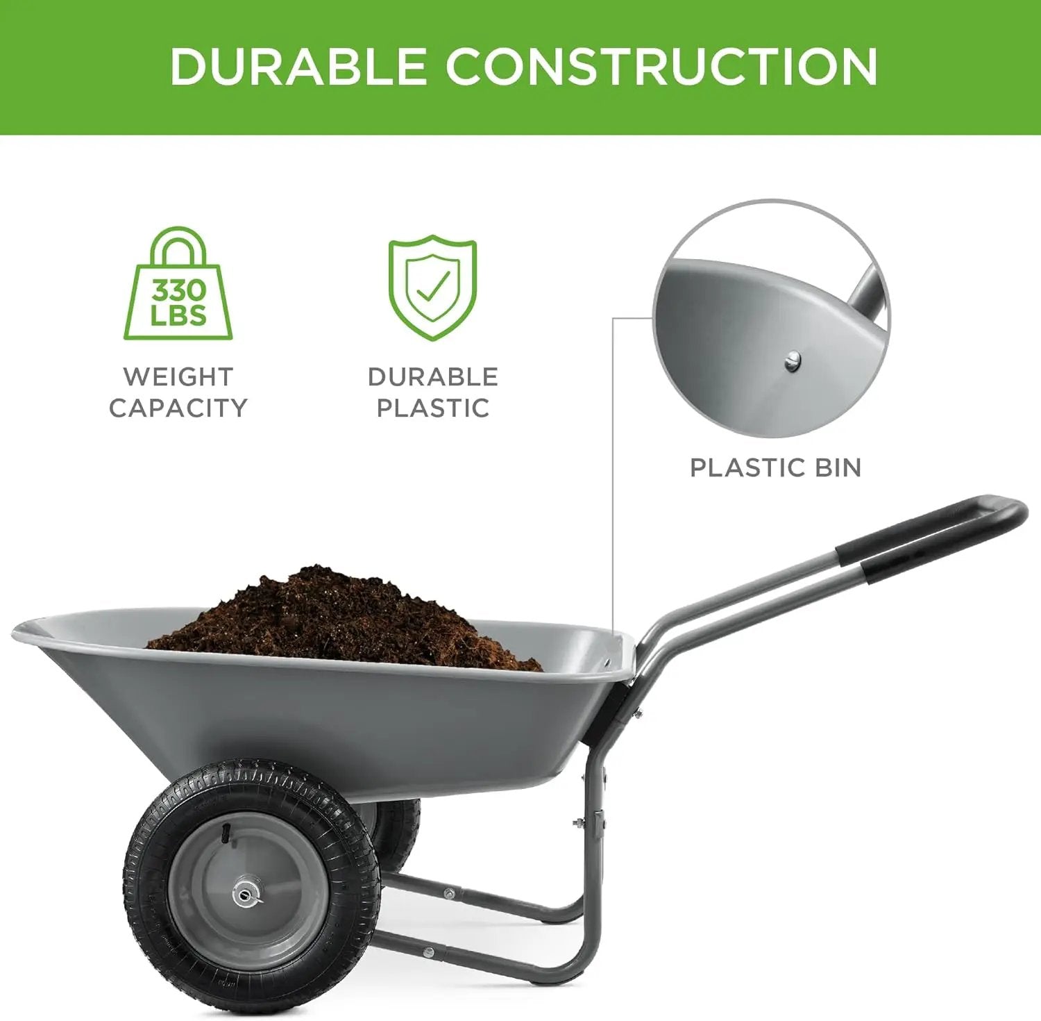 Best Choice Products Dual-Wheel Home Utility Yard Wheelbarrow Garden Cart w/Built-in Stand for Lawn, Gardening, Construction - Gray by GreenHaven Gardens