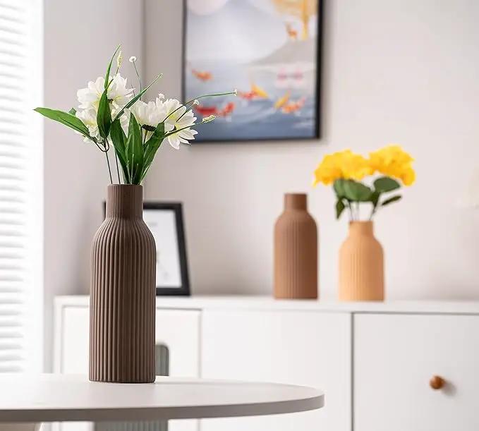 Ceramic Vase Set of 3, Flower Vases for Spring Room Decor, Kitchen Farmhouse, Modern Boho Style(Brown/Dark Brown/Orange) by GreenHaven Gardens