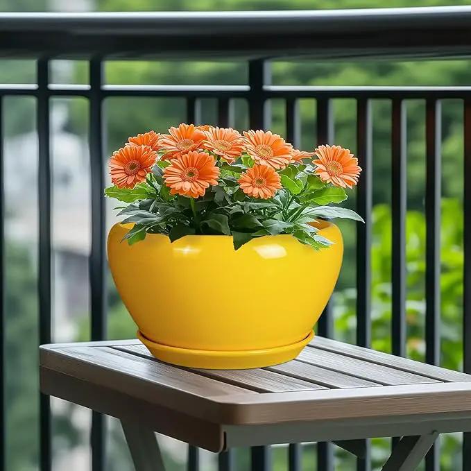 Indoor Planter 11 Inch - Decorative Mid-Century Large Ceramic Plant Pot for Outdoor Plants with Drainage Hole and Saucer, Home Balcony House Garden Patio Office Room Decor, Yellow by GreenHaven Gardens