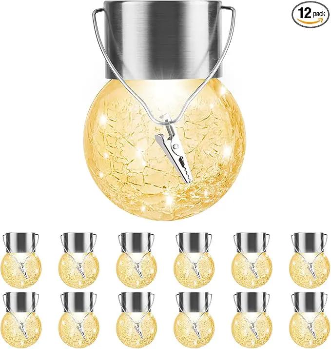 Solar Outdoor Lights Decorative 12 Pack, Hanging Solar Garden Lights Waterproof, Solar Powered Globe Lantern Cracked Glass Ball Lights for Yard Patio Fence Tree Umbrella Holiday Decoration,Warm White by GreenHaven Gardens