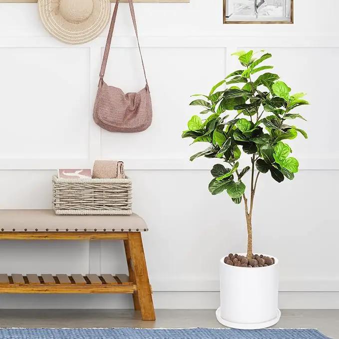 Plant Pots 10 Inch Ceramic Planter with Drainage Hole and Saucer, Matte White Modern Cylinder Planter Pot for Indoor Outdoor Plants Flowers, Full Glazed Finish by GreenHaven Gardens