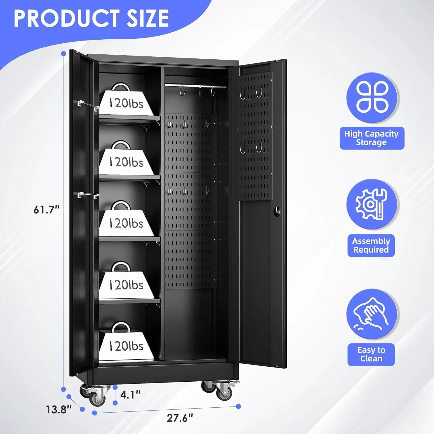 Garage Storage Cabinet with Wheels, 61.7" H Broom Closet Storage Cabinet with Hanging Rod, 5 Pegboard and 13 Hooks, Metal Cabinets with Locking Doors and 4 Shelves, Black by GreenHaven Gardens