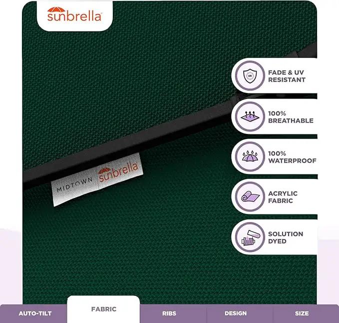 Midtown Umbrellas Sunbrella Umbrella 9 Feet Outdoor Umbrella With Forest Green Acrylic Fabric - Auto-Tilt Aluminum Frame Patio Umbrella For Backyard, Deck, Garden, Pool - Black Pole by GreenHaven Gardens