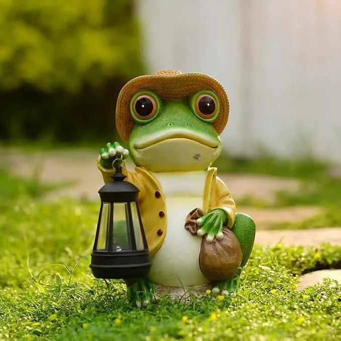 Solar Garden Outdoor Frog Statue 10 inches Tall - with Handheld Lanterns - Detachable - Patio, Balcony, Shelf, Tabletop, Lawn Decoration - Unique Housewarming, Birthday, Thanksgiving, Mom Gifts by GreenHaven Gardens