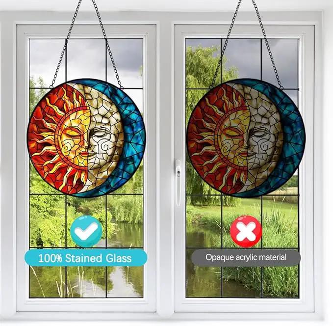 Sun and Moon Stained Glass Suncatchers for Windows Hanging - Celestial Decor Sun Catchers Valentines Day Gifts for Him Her - Handmade Wall Art Home Garden Stain Glass Window Suncatcher with Hooks by GreenHaven Gardens
