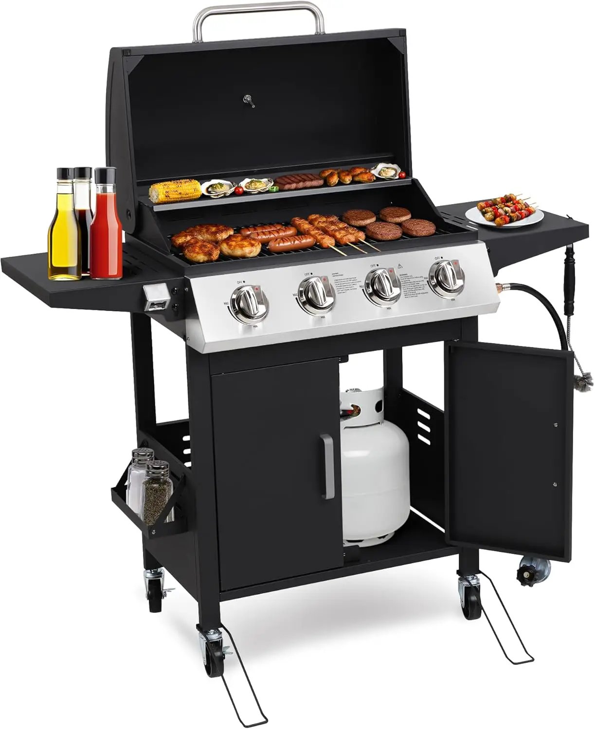 4-Burner Propane Gas BBQ Grill with Wheels, 40,000 BTU Output Stainless Steel Barbecue Grill for Backyard & Outdoor Cooking Easy Assembly, Foldable Side Tables & Spice Rack (Dark Black) by GreenHaven Gardens
