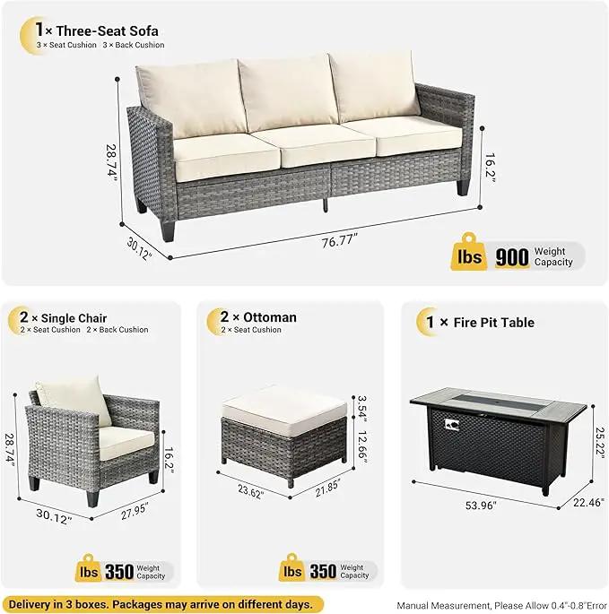 ovios 6 Pieces Patio Furniture Set with 54" Fire Pit Table, Outdoor Wicker Sofa with Comfy Cushions, All Weather High Back Rattan Couch Conversation Set, Beige by GreenHaven Gardens