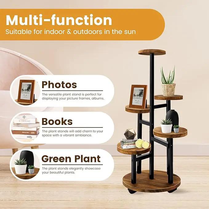 GEEBOBO 5 Tier Plant Stand With 4 Wheels, Metal Wood Tall Plant Stands For Indoor Plants Multiple, Corner Tiered Flower Plants Shelf Stand for Living Room Bedroom, Brown by GreenHaven Gardens