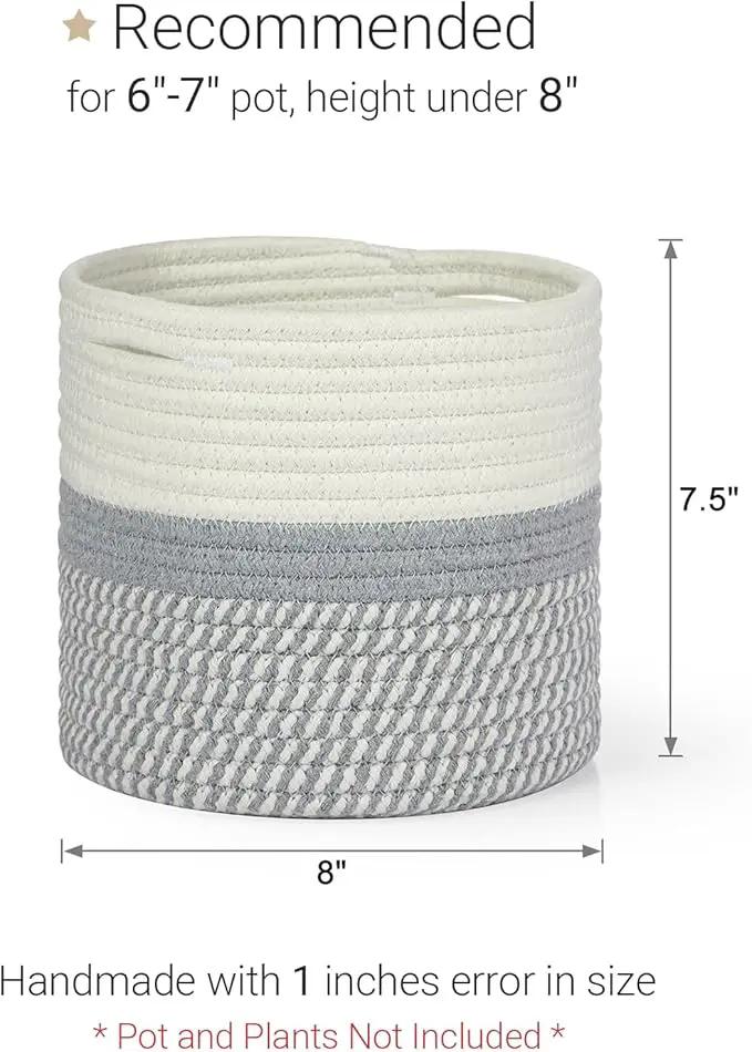 Dahey Jute Cotton Rope Plant Basket Mini Woven Storage Basket for Up to 7" Planter, Decorative Flower Pot Cover Closet Storage Bin Table Desk Organizer Modern Home Decor, Grey by GreenHaven Gardens