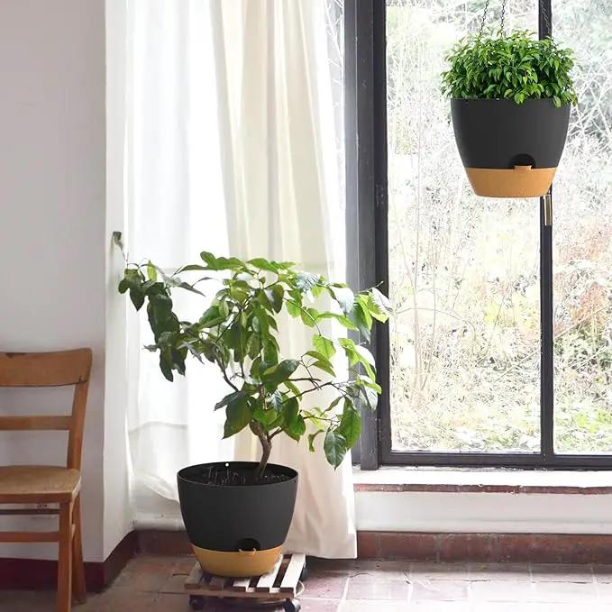 ZMTECH 12 Inch Hanging Planters for Indoor Outdoor Plants, 1 Pack Self Watering Hanging Plant Pots with Drainage Holes and Removable Saucer, Plastic Flower Hanging Pots with Watering Lip (Black) by GreenHaven Gardens
