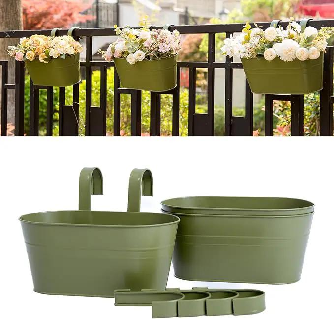 3 Pack Metal Hanging Flower Pots for Railing Fence，Outdoor Balcony Rail Planter with Detachable Hooks Drainage Holes for Deck Garden Home Decor Green by GreenHaven Gardens