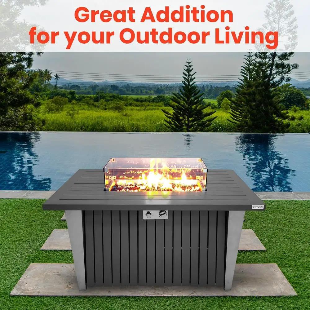 Outdoor Propane Fire Pit Table - CSA/ETL Certified 50,000 BTU Pulse Ignition Weatherproof Rectangle Propane Gas Fire Table w/Adjustable Flame - Glass Rocks Wind Guard, Black - SereneLife SLFPSX55 by GreenHaven Gardens