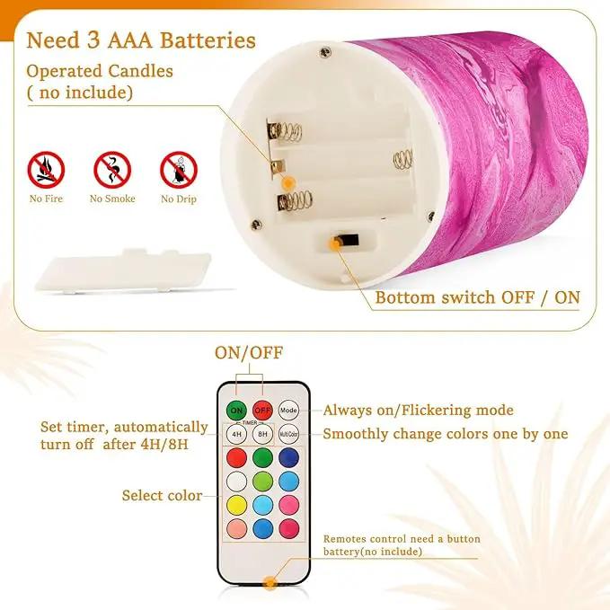 Flickering Flameless Candles, Pink Fuchsia Marble LED Candles with Remote Timer, Set of 2 Battery Operated Candle for Valentine Wedding Birthday by GreenHaven Gardens