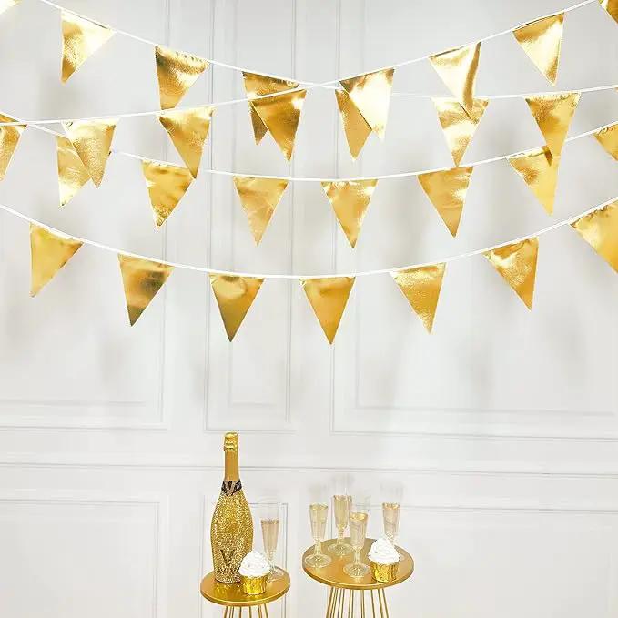 Gold Party Decorations Metallic Fabric Triangle Pennant Banner Gold Flag Bunting Garland for Graduation Birthday Wedding Anniversary Bridal Shower Bachelorette Engagement Hen Party Decoration Supplies by GreenHaven Gardens
