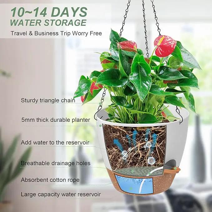 Hanging Planters for Indoor Outdoor Plants, 1 Set Self Watering Hanging Pot with Drainage Holes & Removable Tray (White-12inch, 12'') by GreenHaven Gardens