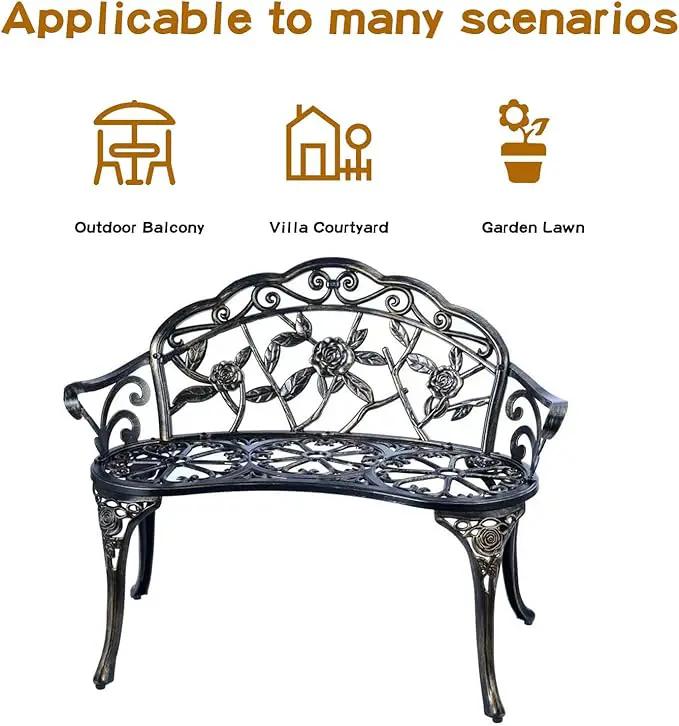 JARDIN DE CENTENNIAL Patio Garden Bench Metal Park Bench Cast Aluminum Outdoor Furniture with Floral Rose for Patio,Park,Lawn,Yard (Copper) by GreenHaven Gardens