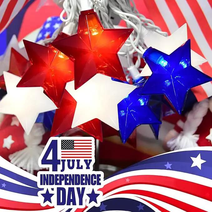 20 LED 4th of July Decor Big Star Lights, 17FT Red White and Blue Star String Lights Plug in, Memorial Day Independence Day Patriotic Decorations Outdoor Indoor for Home Garden Patio, White Wire by GreenHaven Gardens