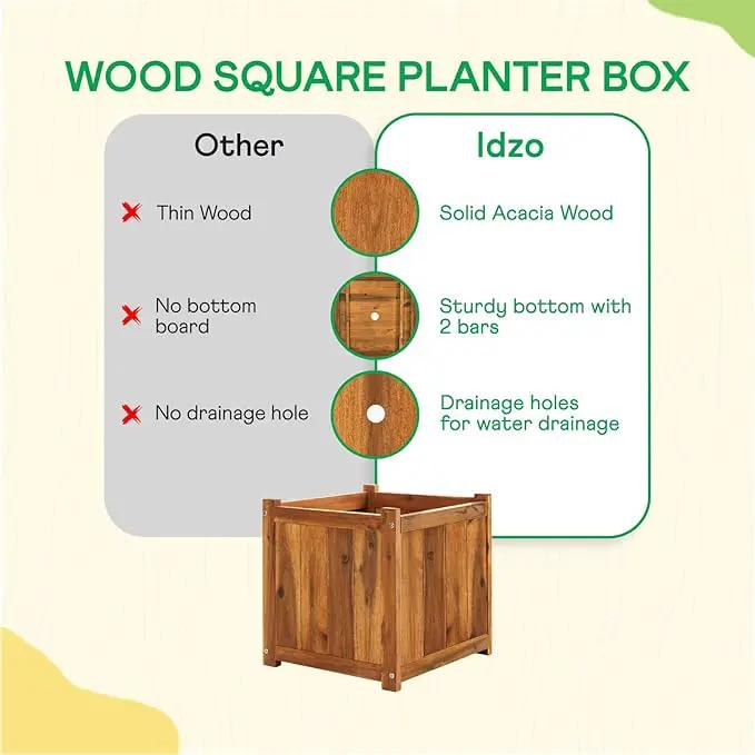 IDZO Acacia Wood Flower Planter Box for Outdoor Plants, 1pc Wooden Raised Garden Bed with Handles, Drainage Holes, Ideal for Garden and Home Décor, Light Cherry by GreenHaven Gardens