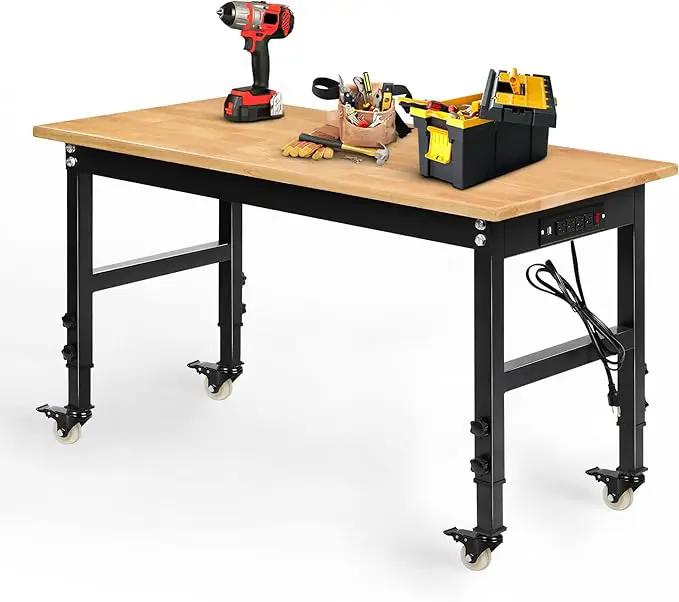 48" Adjustable Workbench for Garage, Rubber Wood Heavy Duty Workstation with Power Outlets & Wheels, 2000 LBS Load Capacity Hardwood Worktable for Workshop, Garage, Office, Home, Commercial by GreenHaven Gardens