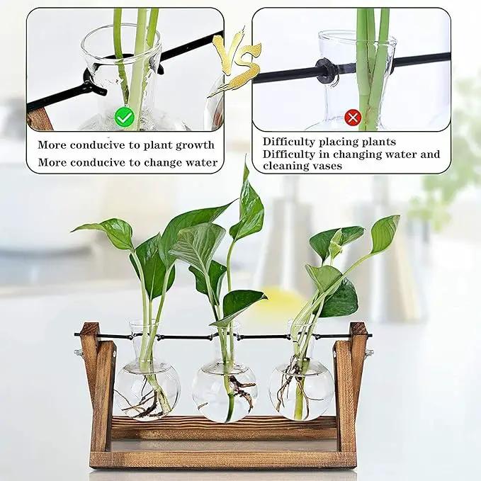 Kingbuy Desktop Glass Planter Iron and Wooden Stand Plant Terrariums for Indoor Office Desk Decor Accessories, 3 Bulb Vases, Brown by GreenHaven Gardens