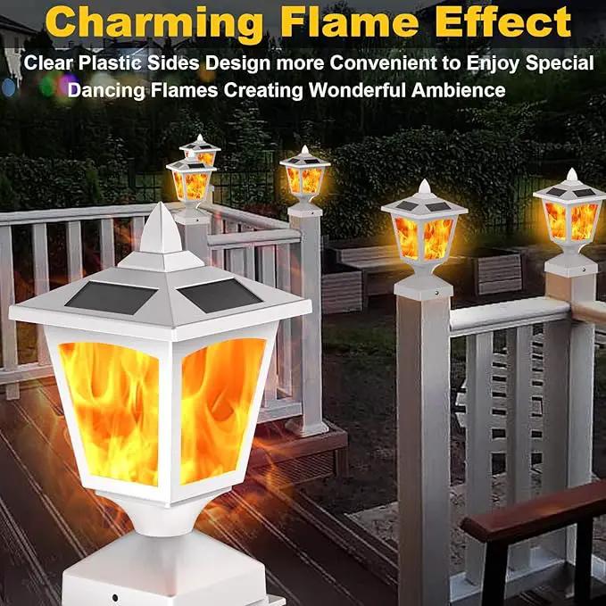 Solar Post Flame Light,Outdoor Deck Fence Post Cap LED Light,Waterproof 4x4 5x5 6x6 White Post Top Solar Powered Light with Flickering Flame for Garden Outside, 4 Pack by GreenHaven Gardens