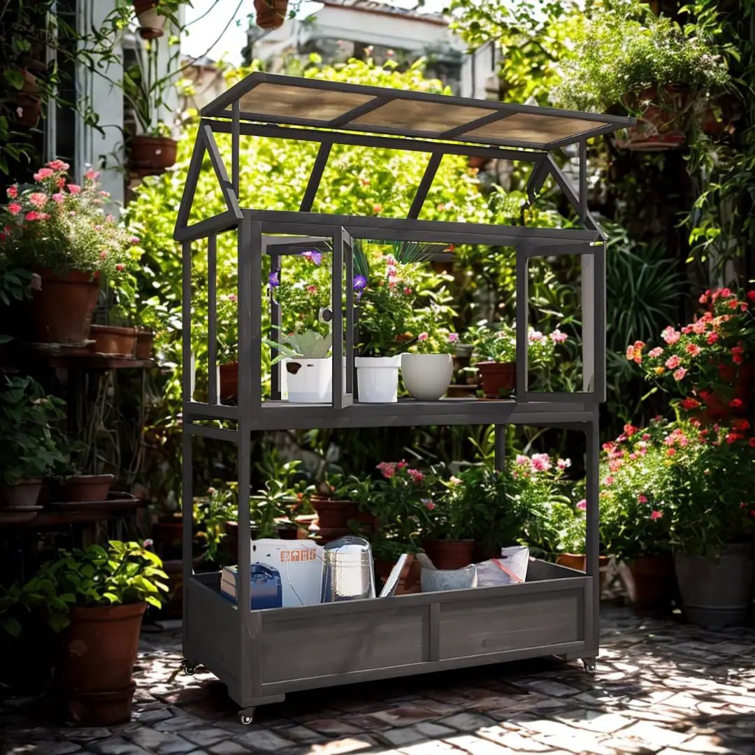 Portable Wooden Cold Frame Greenhouse with Wheels - 47" Mini Greenhouse with Adjustable Roof, Storage Box & Polycarbonate Panels - Plant Protector for Seedlings, Herbs & Winter Gardening (Black) by GreenHaven Gardens