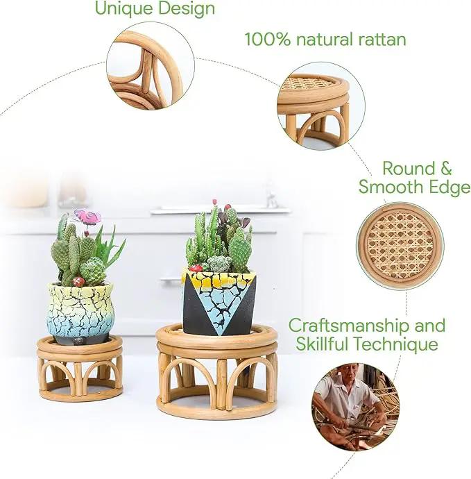 Set of 2 Small Boho Rattan Wicker Round Riser Plant Stand Indoor,Rustic Farmhouse Natural Wooden Circle Pedestal for Decor & Display, Tabletop, Office Decor by GreenHaven Gardens