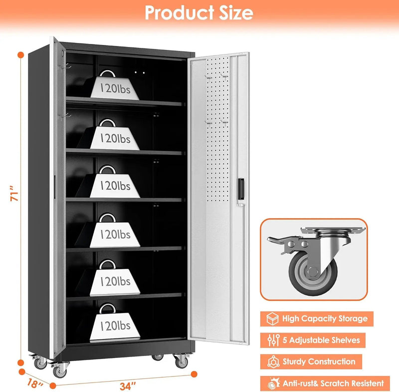Aobabo Garage Metal Storage Cabinet with Wheels, 71" H×34" W×18" D Locking Steel Storage Cabinet with 5 Shelves and 4 Hooks, for Home Office, School, Assembly Required, Black Silver by GreenHaven Gardens