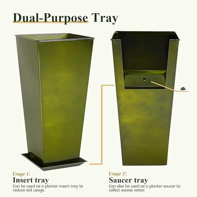 WORTH Garden 25" Large Metal Glazed Planter Set of 2, Luxurious Glossy Finish Green Tall Square Tapered Steel Plant Pots, Decor Flower Pot Indoor & Outdoor, Drainage Hole & Dual-Purpose Plant Saucer by GreenHaven Gardens