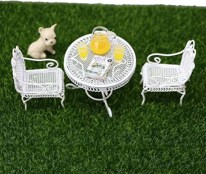 Dollhouse Miniature Bistro Table & Chairs Set Accessories Metal 1:12 Scale Miniatures White Coffee/Tea Furniture Fairy Garden Cute Rustic Elegant Decorations Ornaments (A) by GreenHaven Gardens