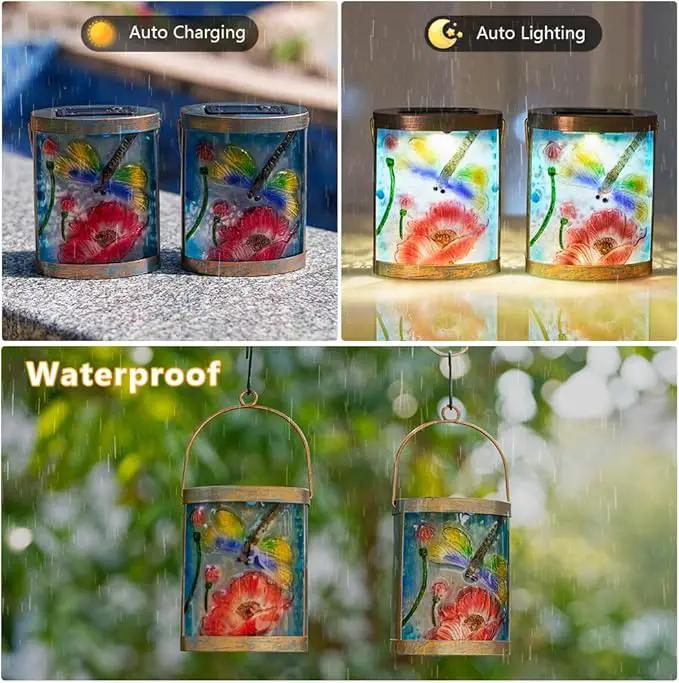 Starsoul 2 Pack Hanging Solar Lantern Outdoor Waterproof Glass Dragonfly and Lotus Decorative Solar Lights for Outside Garden Yard Table Patio Decor by GreenHaven Gardens