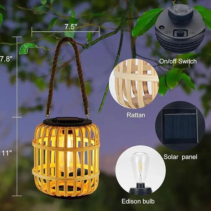 Outdoor Solar Rattan Lantern Hanging Lights with Handle, Waterproof Rattan Solar Lantern, Natural Bamboo LED Decorative Garden Lights for Yard, Patio, Wedding, Home Decoration by GreenHaven Gardens