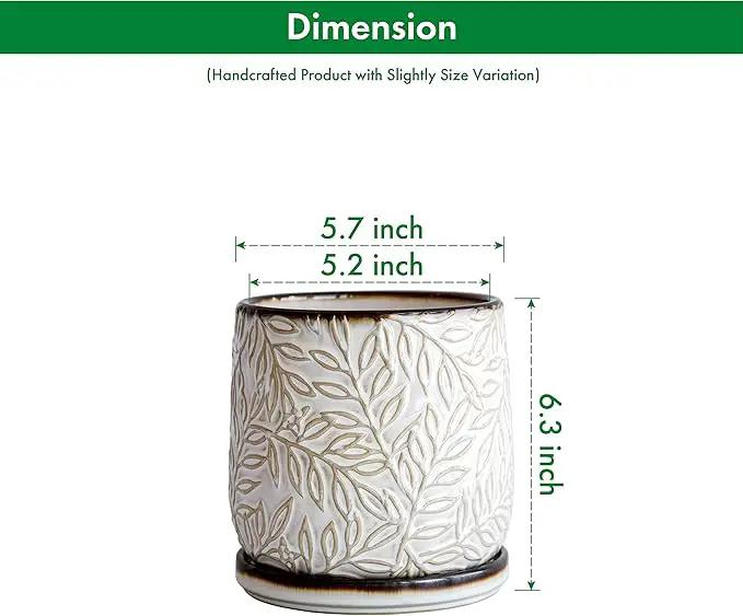 D'vine Dev 6 Inch Embossed Leaves Stoneware Planter Pot with Drainage Hole and Saucer, Smoked White, Set of 1, 27-A-X-1 by GreenHaven Gardens