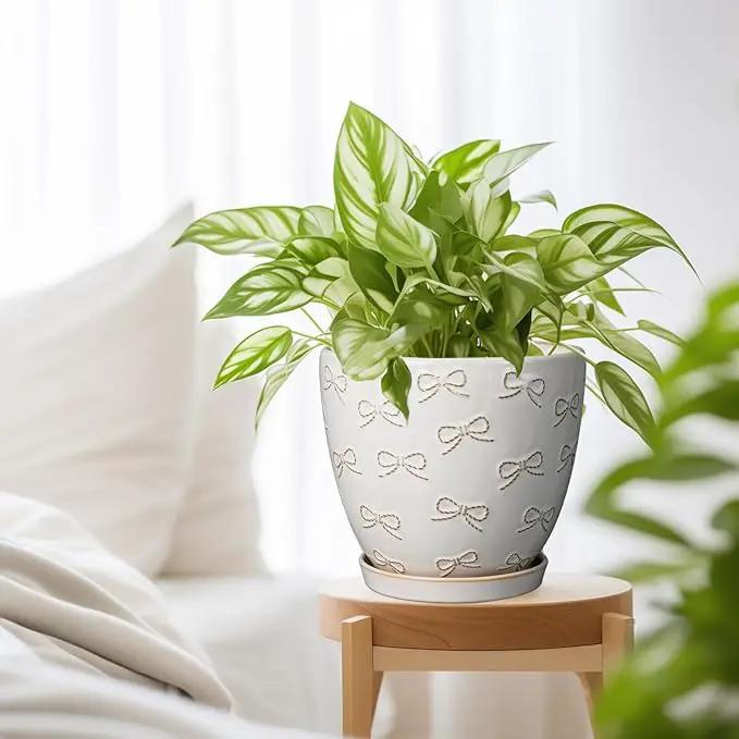 Ceramic Pots for Plants - 8 Inch Plant Pot with Drainage Hole and Saucer Large Planter Pot for Indoor Plants Outdoor Modern Flower Pot Home Decor White by GreenHaven Gardens