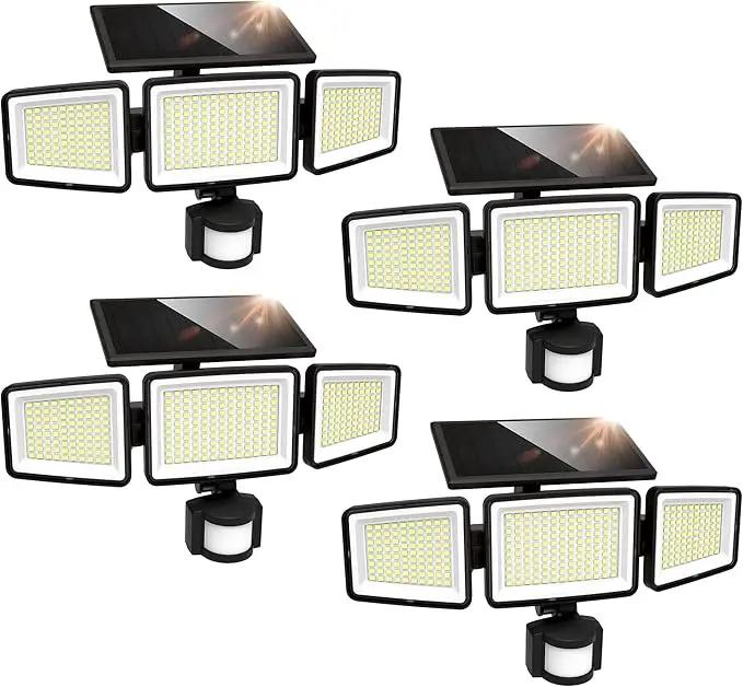 UME Solar Outdoor Lights 302 LED 3000LM, IP65 Waterproof Motion Sensor Outdoor Lights, 3 Heads Solar Security Flood Lights 270 Wide Lighting Angle with 3 Modes for Garden Patio Yard - 4 Pack by GreenHaven Gardens