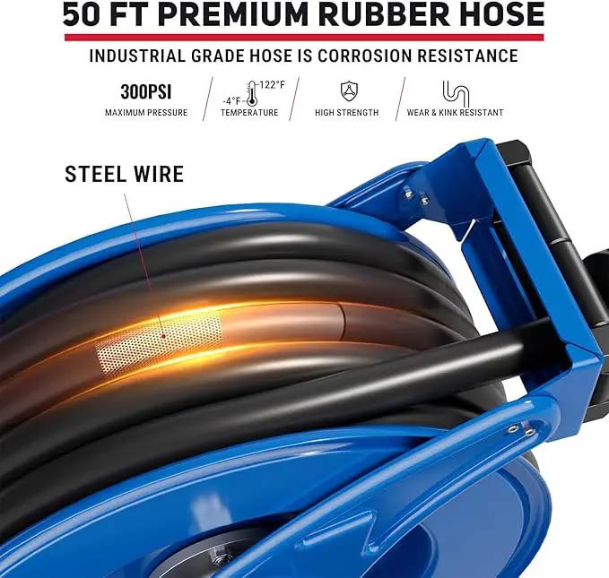 Fuel Hose Reel Retractable with Fueling Nozzle, 3/4" x 50" Heavy Duty Steel, 300PSI Industrial Auto Swivel, Spring Driven Diesel Hose Reel for Construction Farm Ship Vehicle Tank, Blue by GreenHaven Gardens