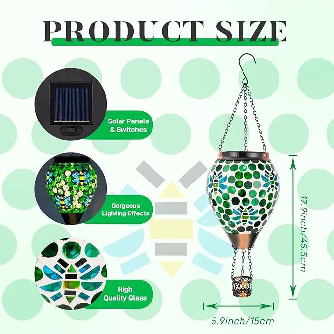 Bee Solar Hot Air Balloon Lantern Outdoor Waterproof, Green Mosaic Glass Hanging Solar Lantern Lights, Outdoor Hanging Lights for Patio Yard Garden Gift for Mom Grandma Women by GreenHaven Gardens