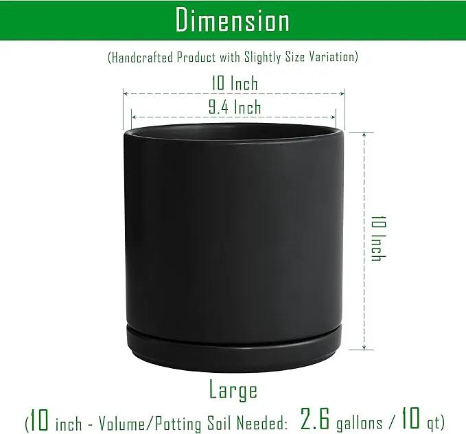 D'vine Dev 10 Inch Ceramic Planter Pot with Drainage Hole and Saucer, Indoor Cylinder Round Planter Pot, Black, 94-O-E-2 by GreenHaven Gardens